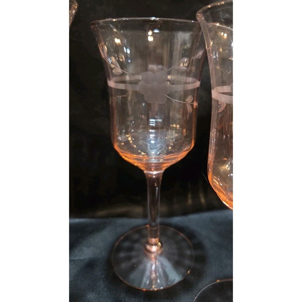 Set Of 4 Pink Depression Glass Water Goblets Etched Flowers 7 In - Picture 6 of 8